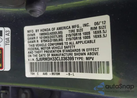 2012 Honda Cr-V Lx from USA, damaged, VIN 5J6RM3H33CL036399